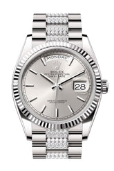 Rolex Day-Date 36 Silver Dial Fluted Bezel White Gold Diamond President Watch 128239